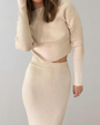 Damen Strickset Beige, Langarm-Oberteil und Rock, Elegante Herbstmode, Weiches Material