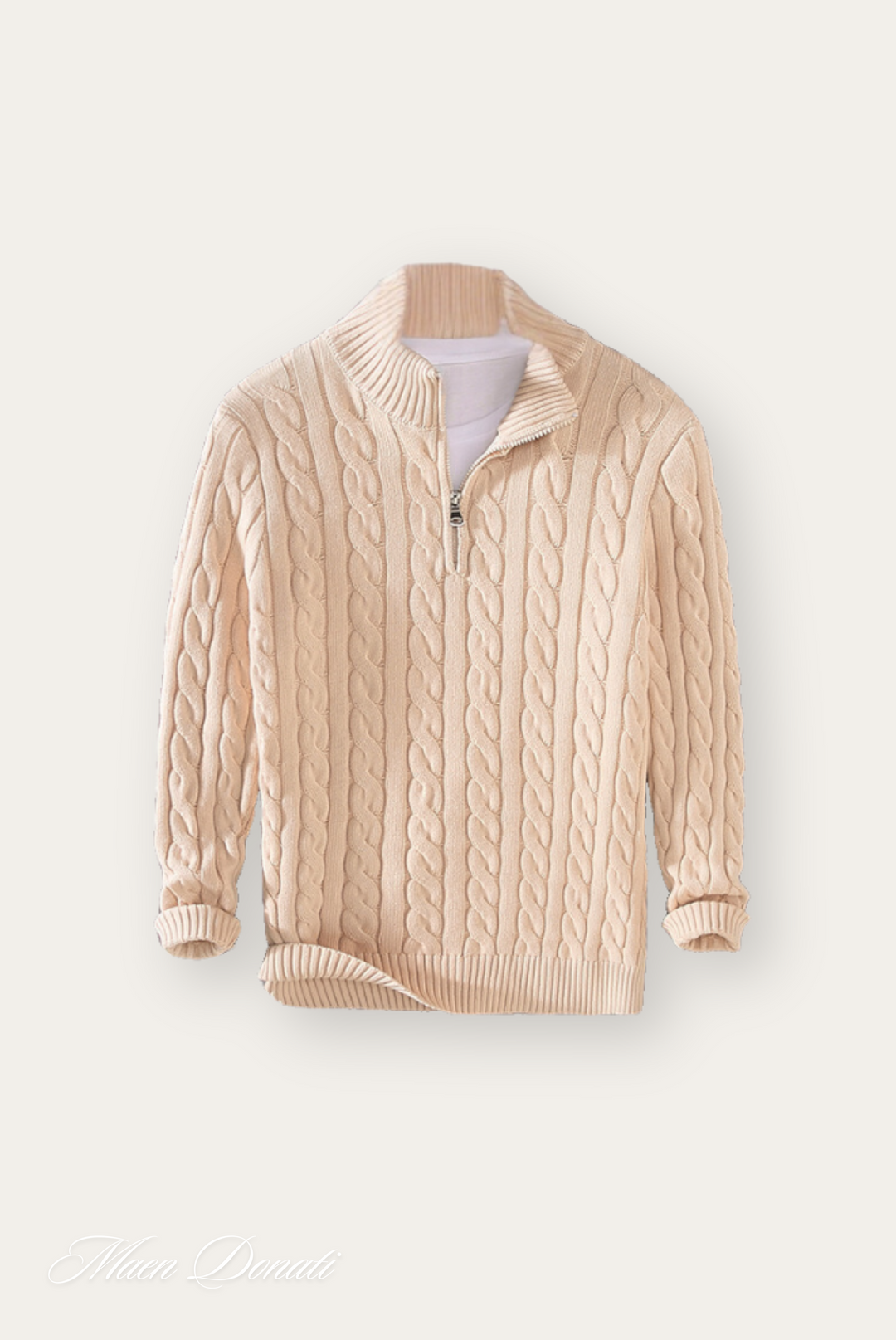 Beiger Zopfmuster-Pullover mit Reißverschluss, Herrenmode, Strick, warm, stilvoll, elegant.