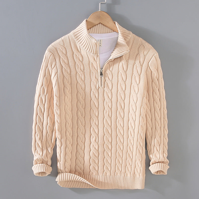 Beiger Strickpullover mit Reißverschluss, Zopfmuster, Herrenmode, Winterkleidung, Baumwolle.