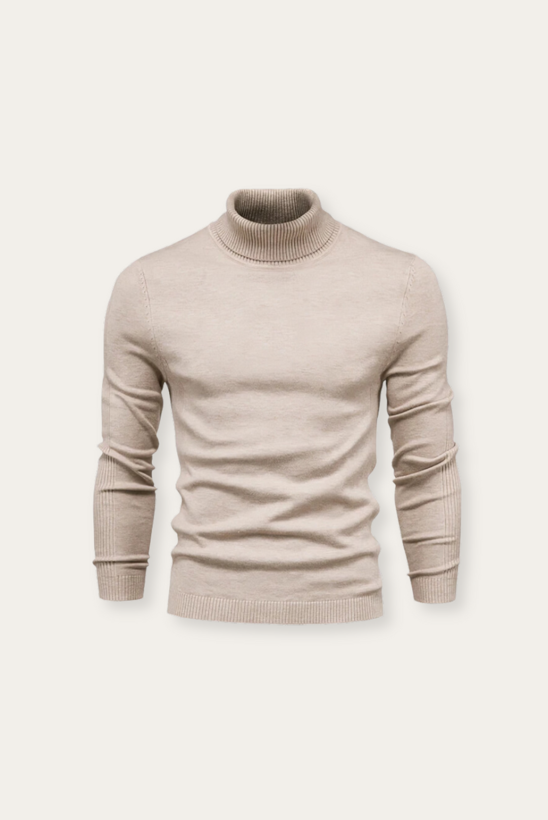 Beiger Rollkragenpullover aus Baumwolle, Herrenmode, eleganter Strickpullover, Herbstbekleidung.