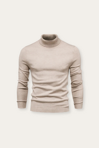 Beiger Rollkragenpullover aus Baumwolle, Herrenmode, eleganter Strickpullover, Herbstbekleidung.