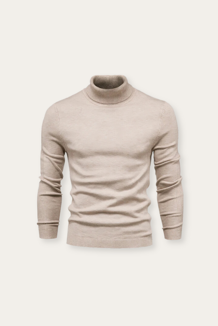 Beiger Rollkragenpullover aus Baumwolle, Herrenmode, eleganter Strickpullover, Herbstbekleidung.