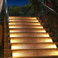 Beleuchtete Außentreppe bei Nacht, moderne LED-Stufenbeleuchtung, Gartenbeleuchtung.