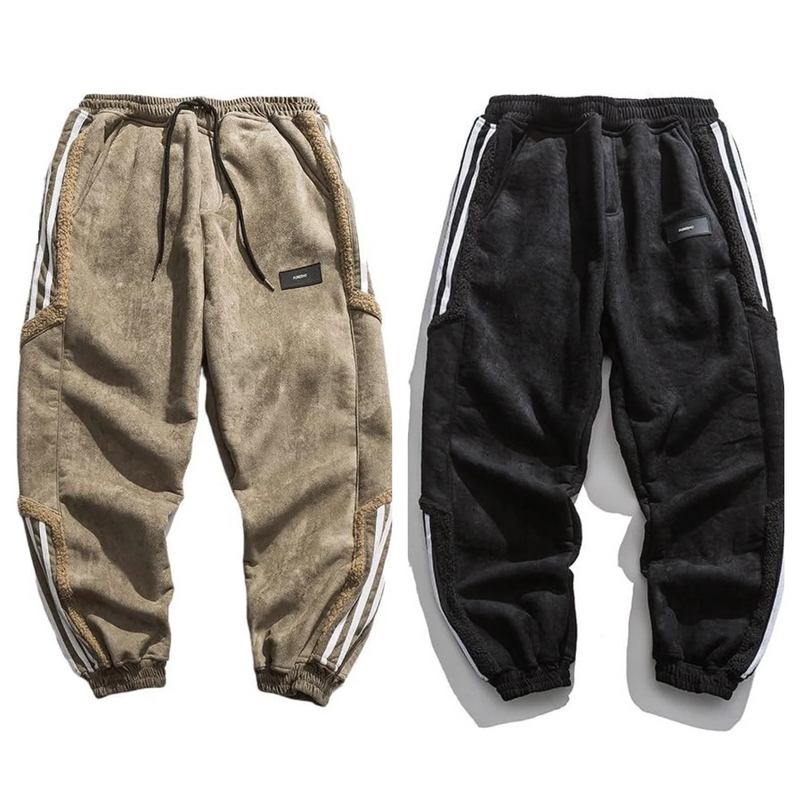 Zwei Jogginghosen, beige und schwarz, mit Streifen, Baumwolle, sportlich, bequem, Herrenmode.