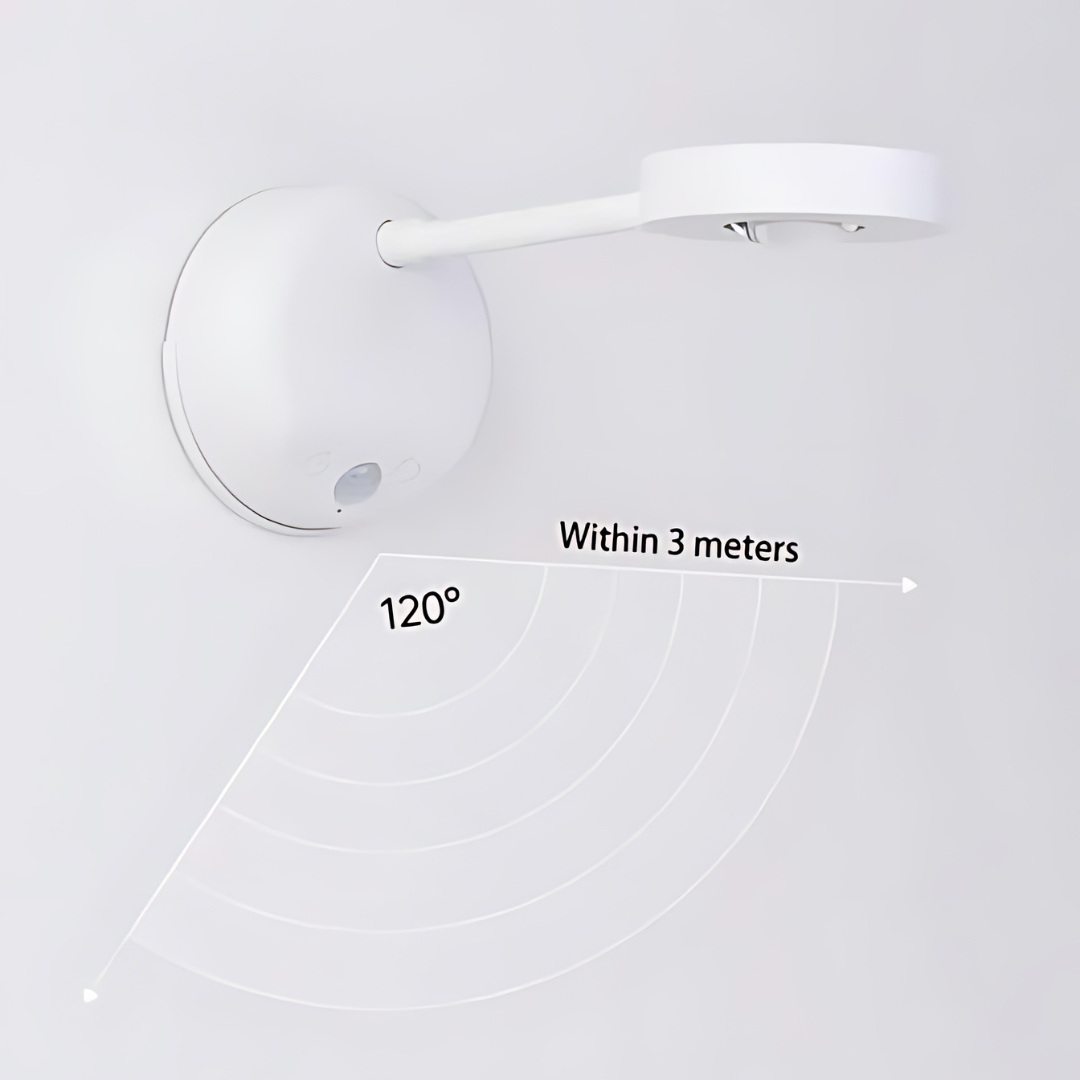 Weiße LED-Wandleuchte mit Bewegungssensor, 120° Erfassungswinkel, Reichweite 3 Meter.