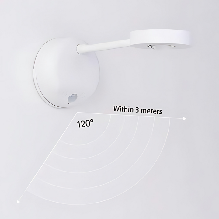 Weiße LED-Wandleuchte mit Bewegungssensor, 120° Erfassungswinkel, Reichweite 3 Meter.