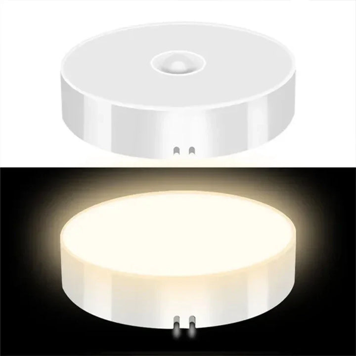 Runde LED-Nachtlampe mit Bewegungsmelder, weiß, energiesparend, für Innenräume.