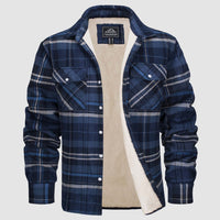 Blau kariertes Herrenhemd mit Fleece-Futter, Langarm, Knopfleiste, Wintermode.