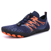 Blauer und orangefarbener Barfußschuh, atmungsaktiv, rutschfest, für Outdoor-Aktivitäten.