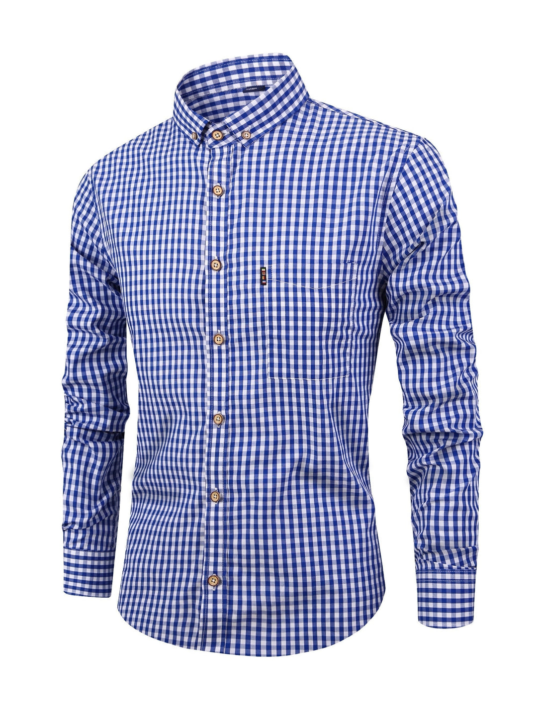 Blau-weiß kariertes Herrenhemd, langärmelig, Button-Down-Kragen, Baumwolle.