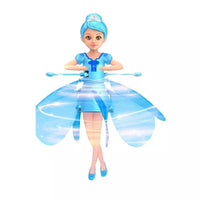 Fliegende Feenpuppe in Blau, schwebend, mit leuchtenden Flügeln, Kinderspielzeug.
