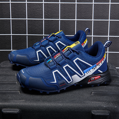 Blaue Trailrunning-Schuhe mit Klettverschluss, atmungsaktiv, rutschfeste Sohle, Herren-Sportschuhe.