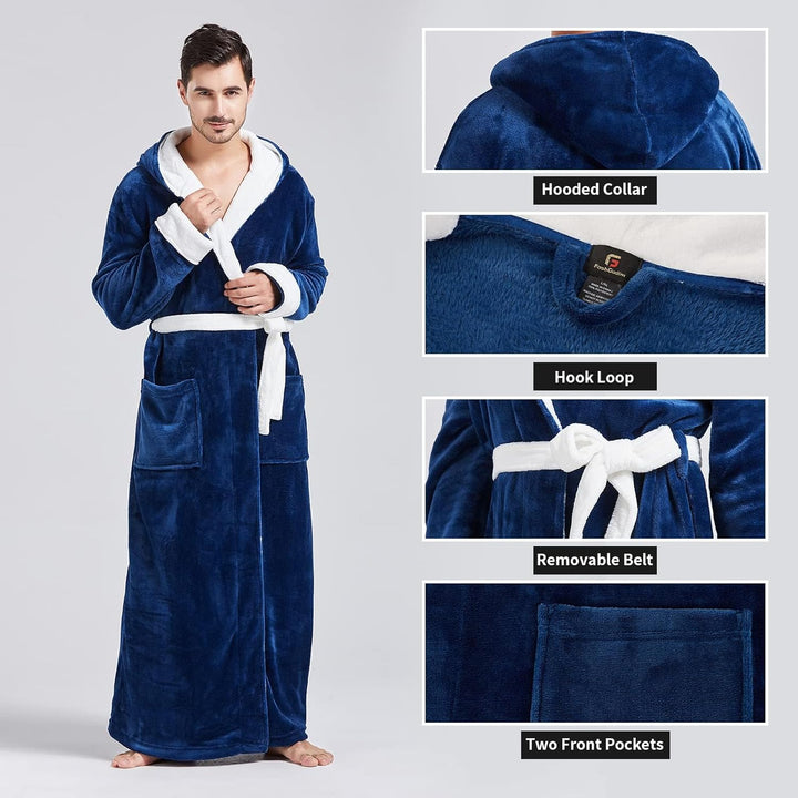 Mikrofaser-Bademantel Herren, blau, Kapuze, abnehmbarer Gürtel, Taschen, weiches Fleece.