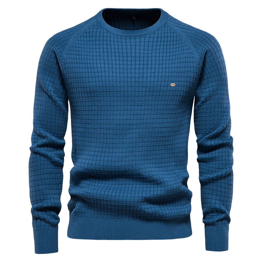 Blauer Herrenpullover aus 100% Baumwolle, O-Ausschnitt, Strickmuster, Wintermode.
