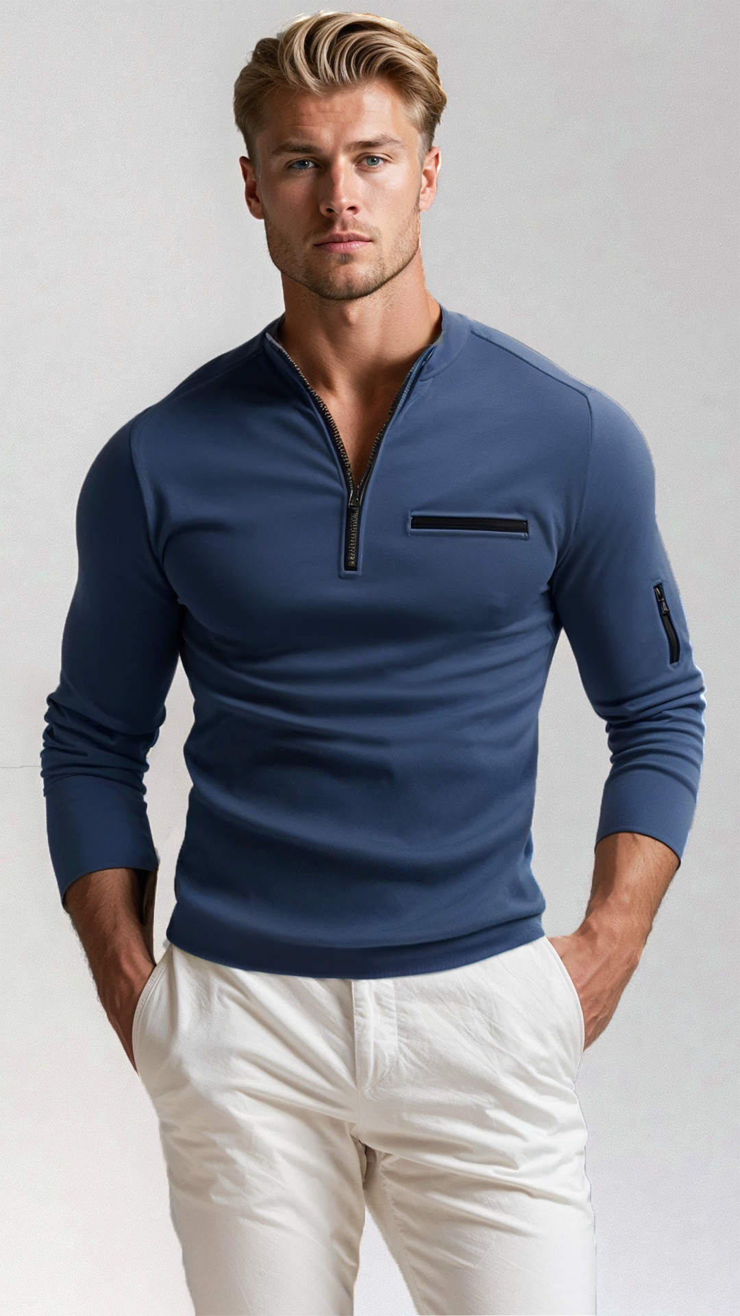 Mann in blauem Langarmshirt mit Reißverschluss, weiße Hose, modische Herrenbekleidung.