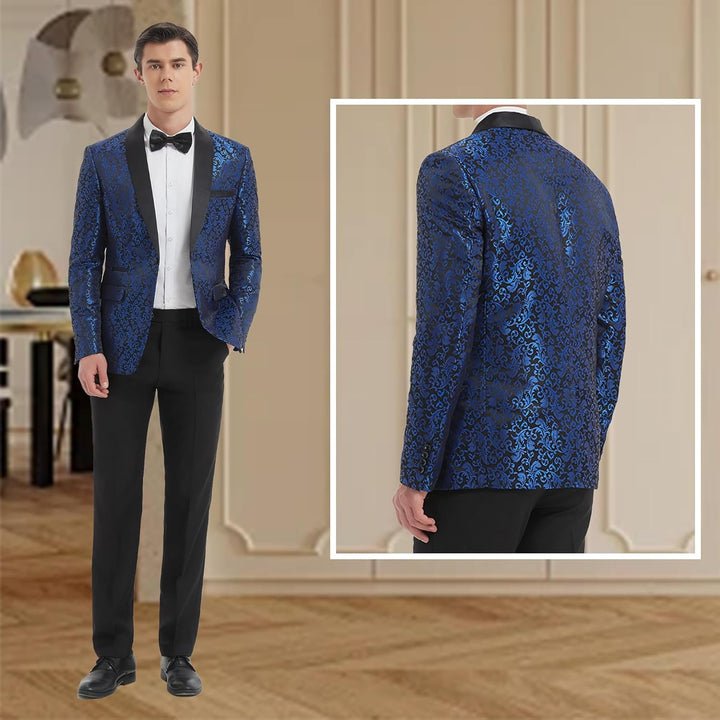 Mann im eleganten blauen Brokat-Smoking mit schwarzer Fliege, ideal für formelle Anlässe.
