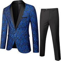 Blauer Herrenanzug mit schwarzem Revers, florales Muster, festlich, elegant, zweiteiliges Set.