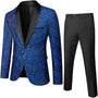 Blauer Herrenanzug mit schwarzem Revers, florales Muster, festlich, elegant, zweiteiliges Set.