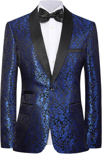 Blauer Herren Smoking mit schwarzem Revers, florales Muster, festlich, elegant, Anzugjacke.
