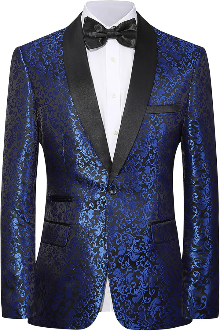 Blauer Herren Smoking mit schwarzem Revers, florales Muster, festlich, elegant, Anzugjacke.