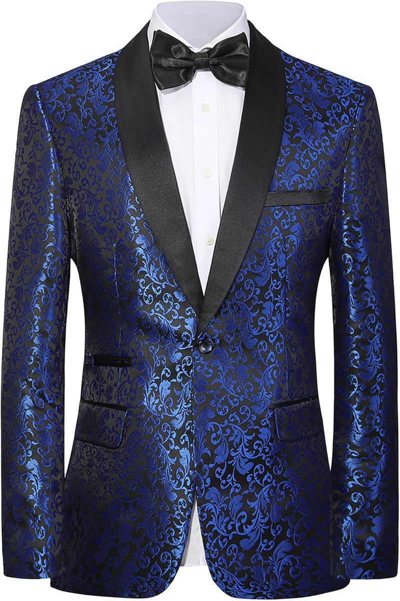 Blauer Herren Smoking mit schwarzem Revers, florales Muster, festlich, elegant, Anzugjacke.