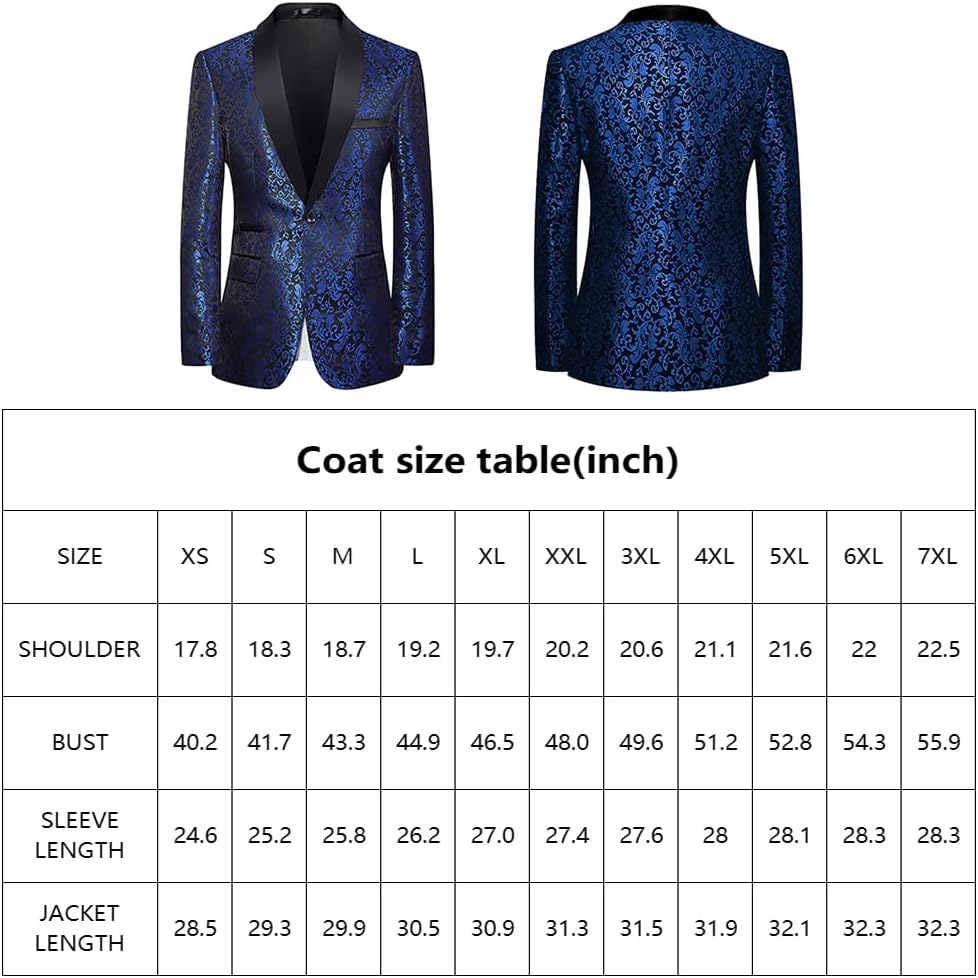 Blauer Herren-Smoking mit schwarzem Revers, Jacquard-Muster, Größenübersicht, elegant.