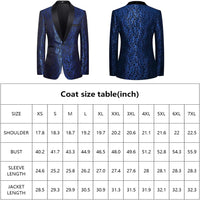 Blauer Herren-Smoking mit schwarzem Revers, Jacquard-Muster, Größenübersicht, elegant.