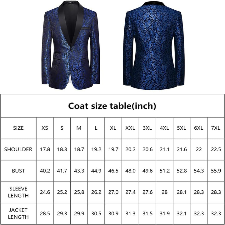 Blauer Herren-Smoking mit schwarzem Revers, Jacquard-Muster, Größenübersicht, elegant.