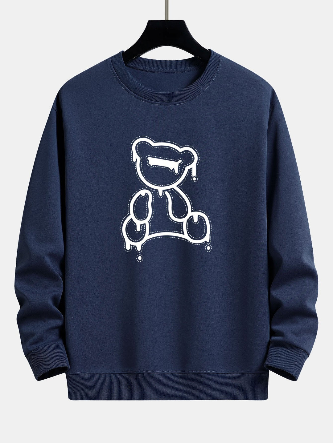 Dunkelblauer Pullover mit weißem Bärenmotiv, Unisex, Baumwolle, modisch, lässig, Herbstmode.