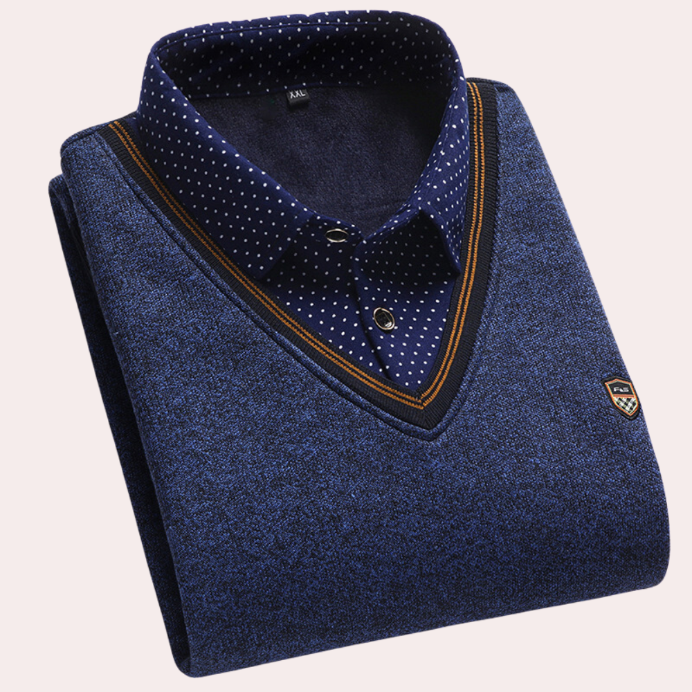 Blauer Herrenpullover mit V-Ausschnitt, gepunktetem Hemdkragen, elegantes Design, Baumwolle.