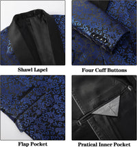 Blauer Smoking mit schwarzem Schalkragen, florales Muster, Manschettenknöpfe, Taschen, Herrenmode.