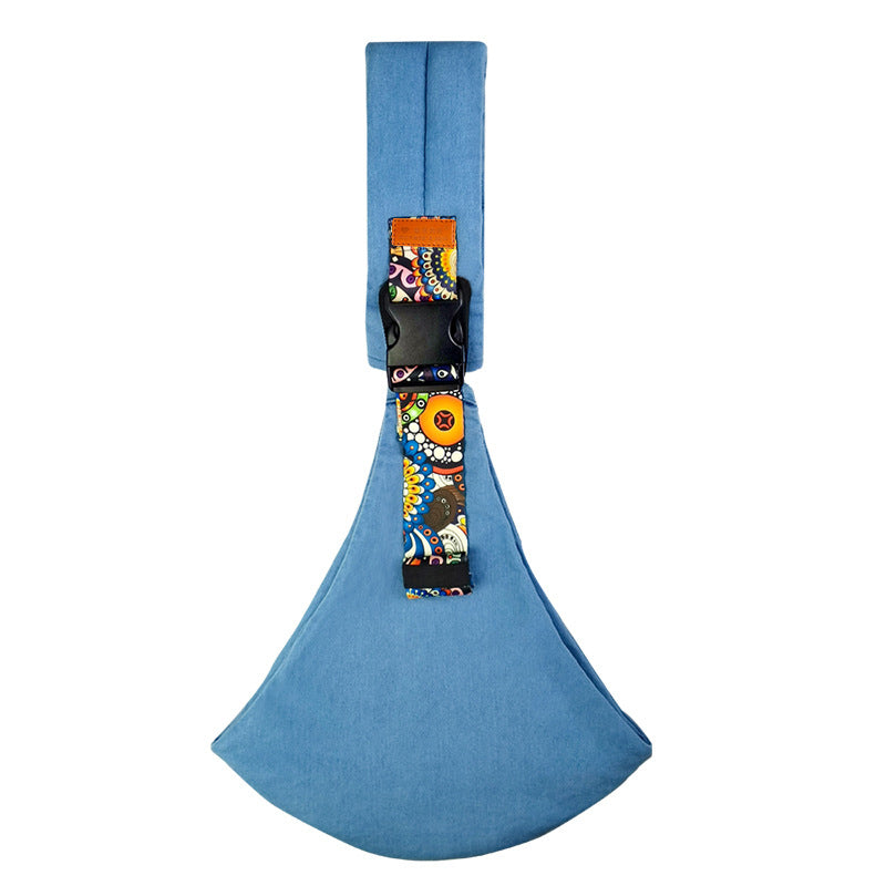 Blaue Umhängetasche mit buntem Muster, handgefertigt, Baumwolle, modisches Accessoire.