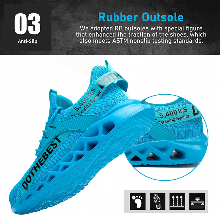 Blaue Sicherheitsschuhe mit rutschfester Gummisohle, atmungsaktivem Mesh, Arbeitsschutz.