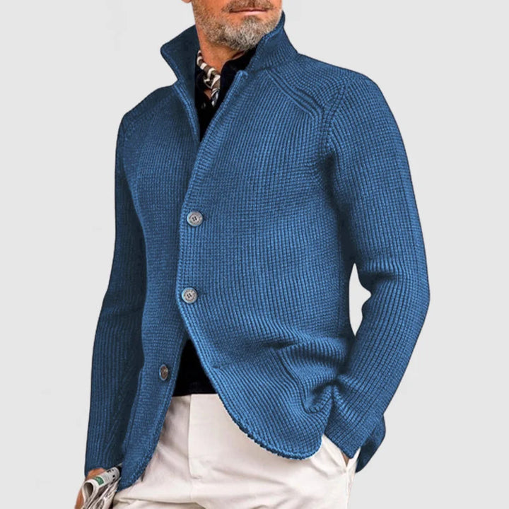 Blauer Herrenstrickjacke, grob gestrickt, mit Knöpfen, modisch, elegant, für Herbst/Winter.