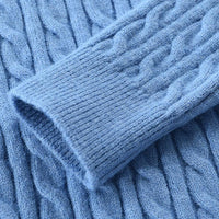 Blauer Strickpullover aus Wolle, Zopfmuster, weiches Material, modisch, warm, Winterkleidung.