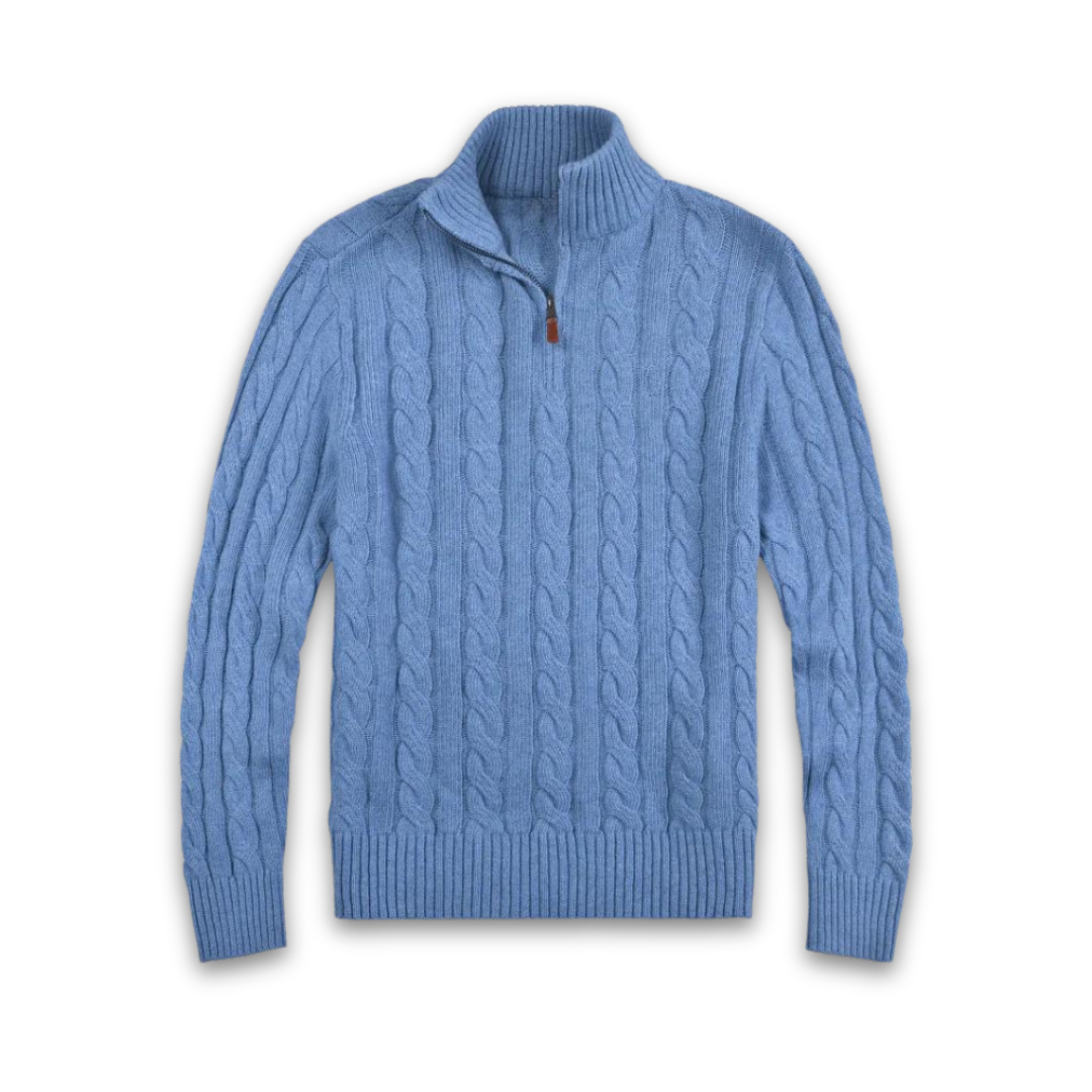 Blauer Herren-Strickpullover mit Zopfmuster, Reißverschluss, Baumwolle, modisch, warm.