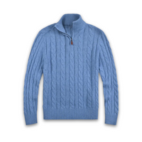 Blauer Herren-Strickpullover mit Zopfmuster, Reißverschluss, Baumwolle, modisch, warm.