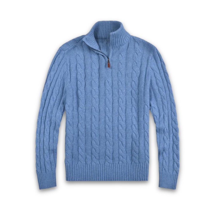 Blauer Herren-Strickpullover mit Zopfmuster, Reißverschluss, Baumwolle, modisch, warm.