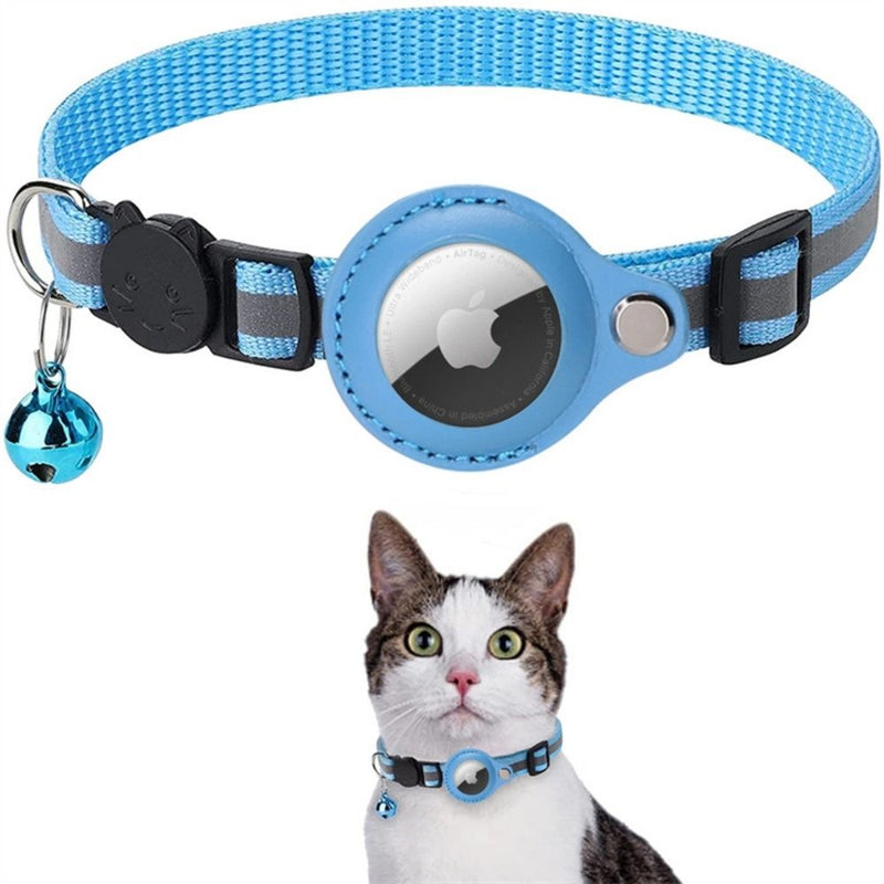 Blaue Katzenhalsband mit AirTag-Halterung und Glocke, Haustierzubehör, Sicherheit, Tracking.