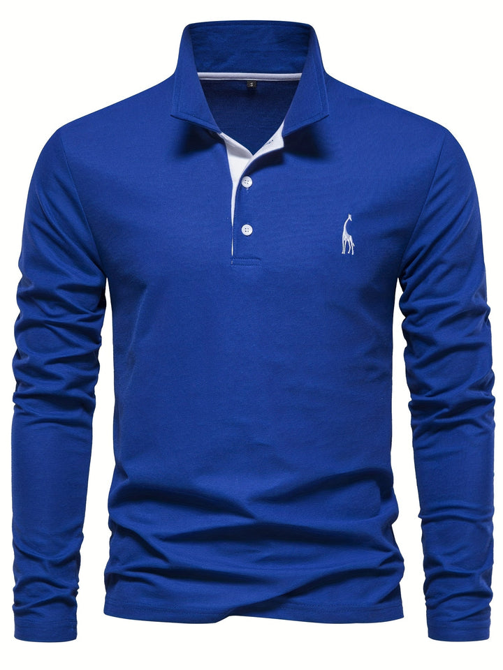 Blaues Langarm-Poloshirt mit Knopfleiste und gesticktem Logo, Herrenmode, Baumwolle.