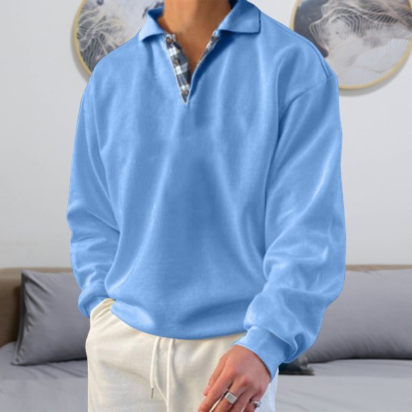 Hellblaues Herren-Poloshirt aus Baumwolle, langärmelig, kariertes Innenfutter, Freizeitmode.