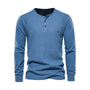 Blaues Herren-Henley-Shirt, Langarm, Baumwolle, Knopfleiste, Freizeitmode, bequem.