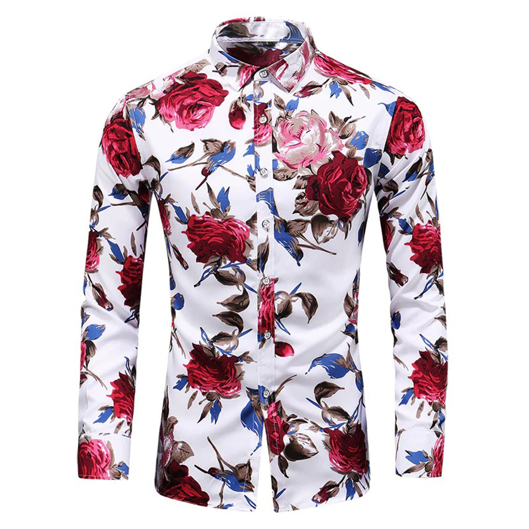 Herrenhemd mit Blumenmuster, langärmelig, weiß, rot, blau, modisch, Freizeitkleidung.
