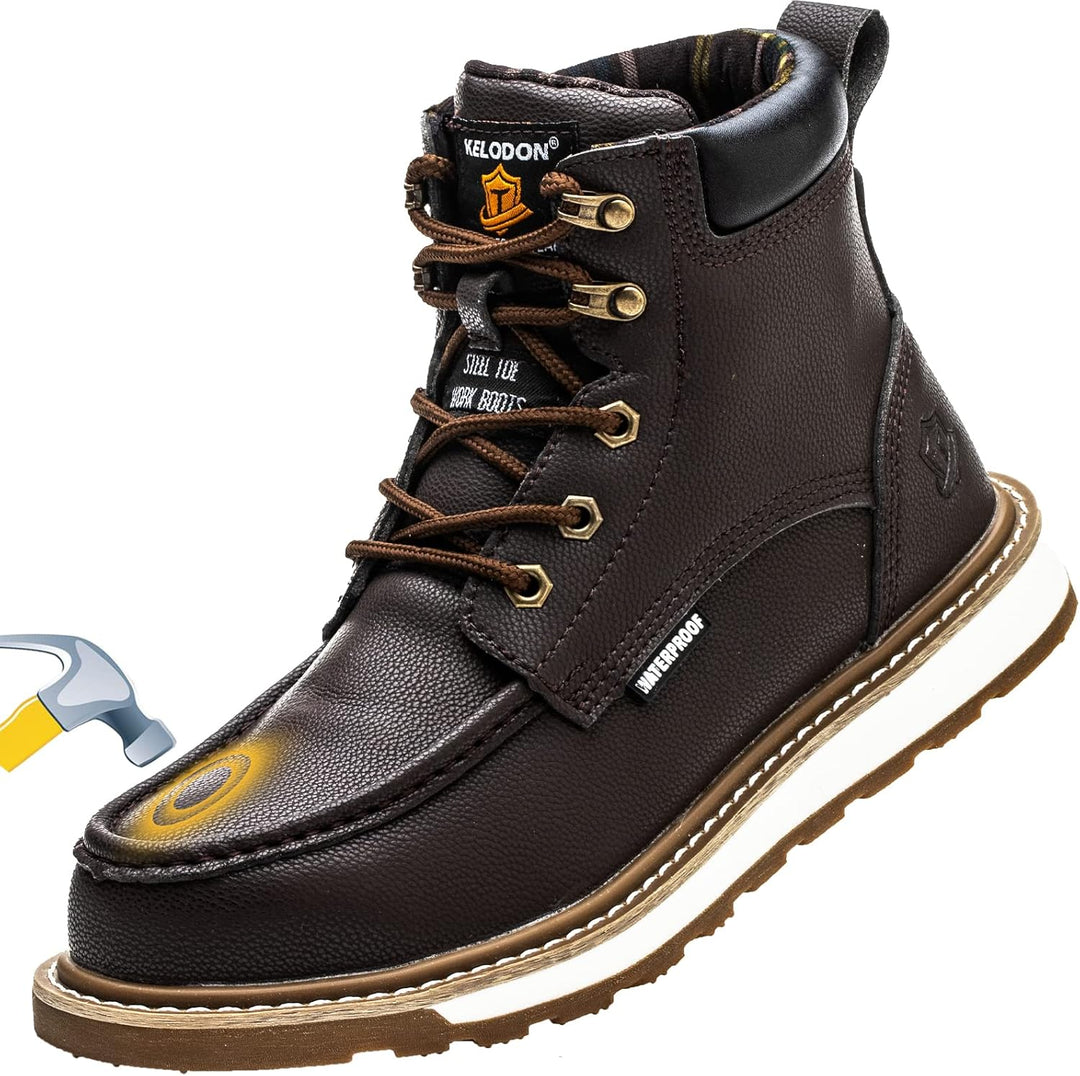 Brauner Sicherheitsstiefel aus Leder mit Stahlkappe, rutschfeste Sohle, robustes Design.