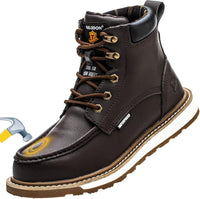 Brauner Sicherheitsstiefel aus Leder mit Stahlkappe, rutschfeste Sohle, robustes Design.