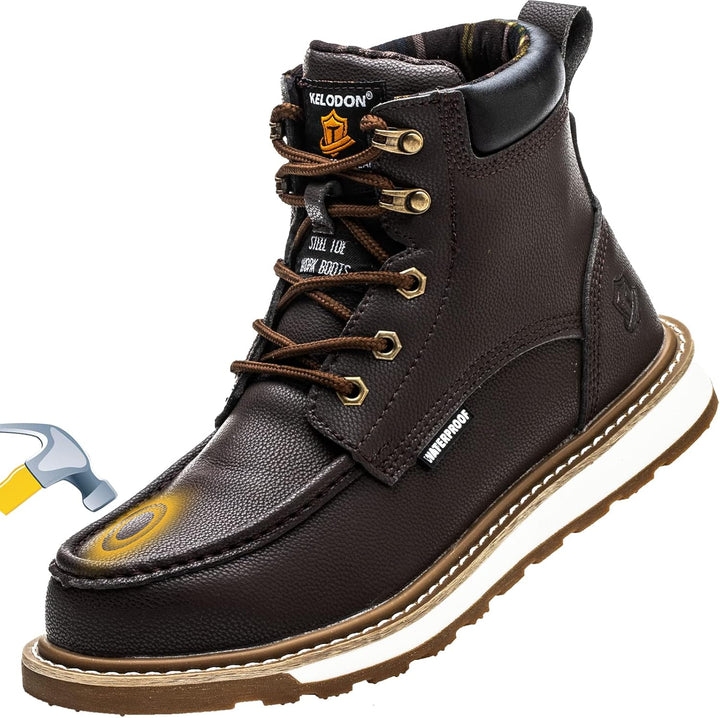 Brauner Sicherheitsstiefel aus Leder mit Stahlkappe, rutschfeste Sohle, robustes Design.