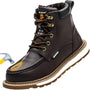 Brauner Sicherheitsstiefel aus Leder mit Stahlkappe, rutschfeste Sohle, robustes Design.