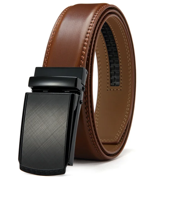 Brauner Ledergürtel mit schwarzer Automatikschließe, Herrengürtel, modisch, elegant, hochwertig.