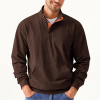 Braunes Herren-Sweatshirt mit Reißverschluss, geripptes Design, Freizeitmode, Baumwolle.