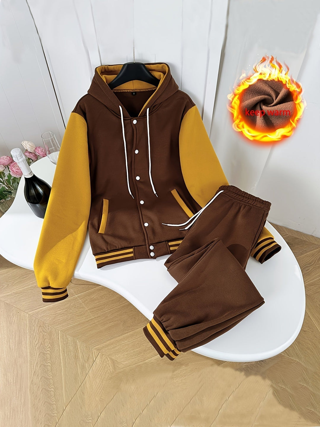 Brauner und gelber Hoodie mit Kapuze und Jogginghose, warmes Material, sportlich, bequem.